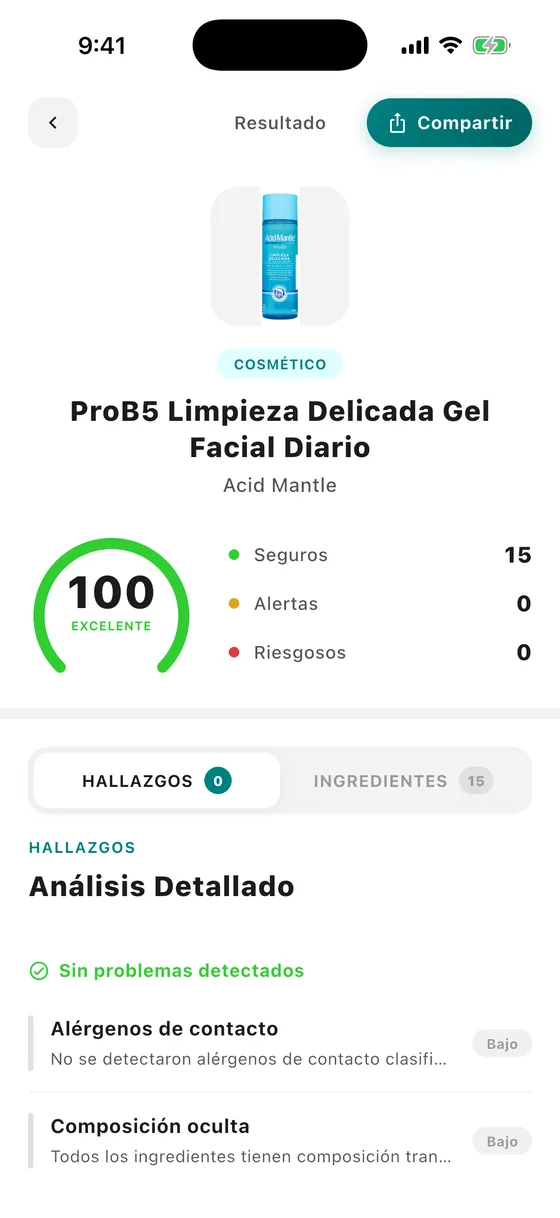 Pantalla real de Cacao: ProB5 Limpieza Delicada Gel Facial Diario, puntuación 100 de 100, Excelente