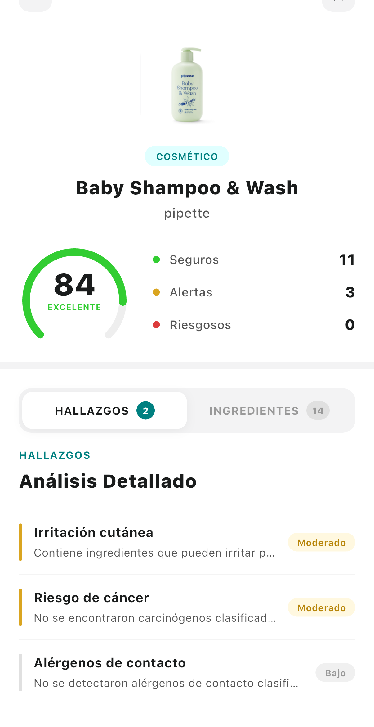 Cacao App — Análisis de producto Pipette Baby Shampoo